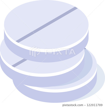 Three round medical pills form a stack, each featuring a dividing line and presented in an isometric view, emphasizing their three dimensional form against a plain white backdrop Three round medical pills form a stack, each featuring a dividing line and presented in an isometric view, emphasizing their three dimensional form against a plain white backdrop 122011789