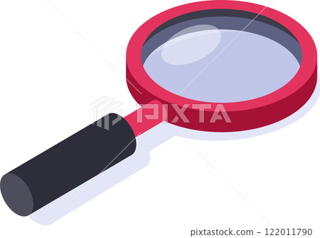 Red magnifying glass featuring a sleek black handle, enlarging an object in isometric view, embodying concepts of search and investigation for research and analysis purposes Red magnifying glass featuring a sleek black handle, enlarging an object in isometric view, embodying concepts of search and investigation for research and analysis purposes 122011790