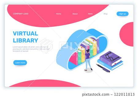 Isometric vector illustration representing a woman choosing a book in a virtual online library cloud computing storage, perfect for landing page website 122011813