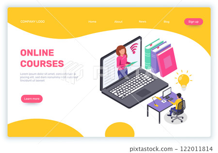Online education isometric landing page with student learning using laptop and teacher explaining on the screen, books and light bulb symbolizing knowledge Online education isometric landing page with student learning using laptop and teacher explaining on the screen, books and light bulb symbolizing knowledge 122011814