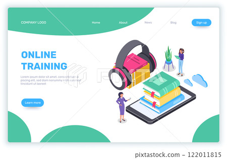 Two female students are using a smartphone with headphones and a stack of books to learn with online training courses, in this isometric illustration for e learning and knowledge concept 122011815