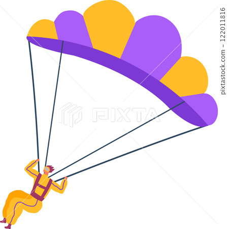 Skydiver wearing yellow jumpsuit and protective glasses flying with purple and yellow parachute gliding through the air enjoying extreme sport activity 122011816