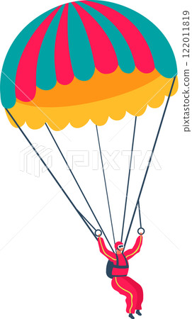 Skydiver wearing red protective suit and helmet flying with colorful parachute after jumping out of plane, extreme hobby and leisure activity, dangerous sports concept 122011819