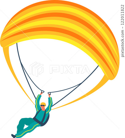 Skydiver wearing sunglasses and protective suit flying with yellow and orange parachute gliding through the air on a sunny day enjoying extreme sport activity Skydiver wearing sunglasses and protective suit flying with yellow and orange parachute gliding through the air on a sunny day enjoying extreme sport activity 122011822