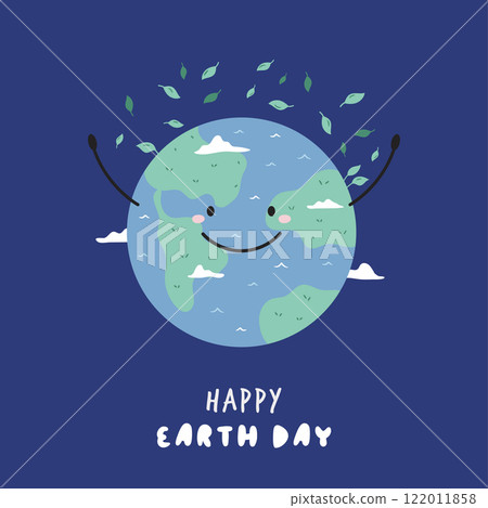 Cute Cartoon Illustration of Planet Earth and Text Happy Earth Day. Perfect for Earth Day and Climate Awareness 122011858