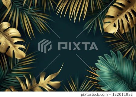 Gold and green tropical palm leaves in a creative nature background. Minimal summer abstract banner with copy space. 122011952