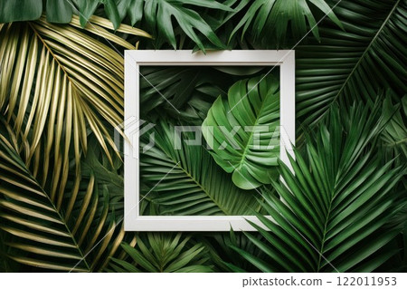 Gold and green tropical palm leaves in a creative nature background. Minimal summer abstract banner with copy space. 122011953