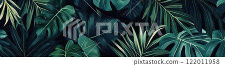 Dark background with exotic leaves, creating a lush and mysterious ambiance. 122011958