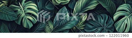 Dark background with exotic leaves, creating a lush and mysterious ambiance. 122011960