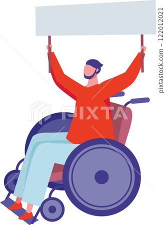 Young man with a beard sitting in a wheelchair, holding a blank banner during a protest, advocating for rights and fighting for equality in society 122012021