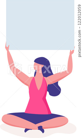 Woman sitting with crossed legs and holding a blank placard above her head, promoting a message or idea, ideal for protests, activism, and social movements 122012059