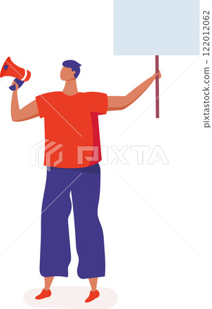 Young man holding blank banner and megaphone is making an announcement at demonstration, political meeting or rally for human rights, freedom of speech and democracy Young man holding blank banner and megaphone is making an announcement at demonstration, political meeting or rally for human rights, freedom of speech and democracy 122012062