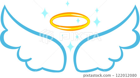 Cartoon style blue angel wings and golden halo with sparkling stars evoke feelings of purity, innocence, and divine presence, perfect for religious or spiritual designs Cartoon style blue angel wings and golden halo with sparkling stars evoke feelings of purity, innocence, and divine presence, perfect for religious or spiritual designs 122012080