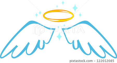 Cartoon drawing of angel wings and halo shining with bright sparkles representing purity, innocence, and spirituality, suitable for religious or spiritual projects Cartoon drawing of angel wings and halo shining with bright sparkles representing purity, innocence, and spirituality, suitable for religious or spiritual projects 122012085