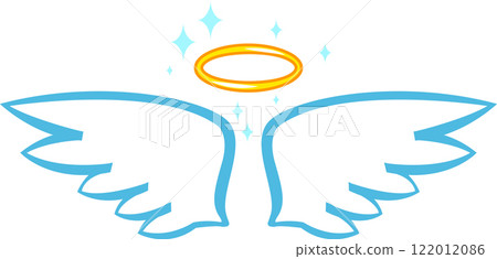 Cartoon depiction of angel wings and a halo radiating with bright sparkles, symbolizing purity, innocence, spirituality, love, hope, and unwavering faith 122012086