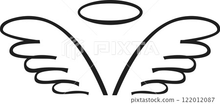 Elegant line art illustrating angel wings paired with a halo, embodying themes of spirituality, grace, and divine presence while evoking feelings of purity and hope 122012087