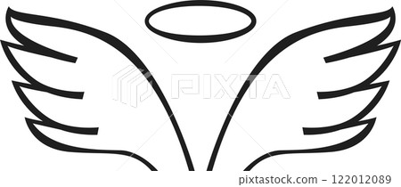 Simple black and white illustration representing angel wings and halo, conveying concepts of purity, spirituality, divine presence, and protection 122012089