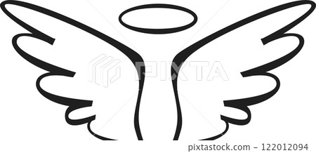 Elegant line art illustrating angel wings and a halo conveys themes of divine presence, innocence, and spiritual ascension, evoking feelings of purity and hope 122012094