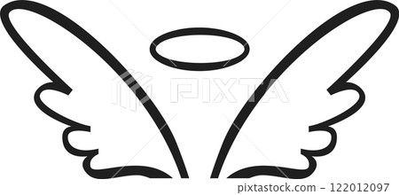 Simple black line drawing of angel wings and halo symbolizing innocence, spirituality, and divine presence, conveying a sense of peace and protection 122012097