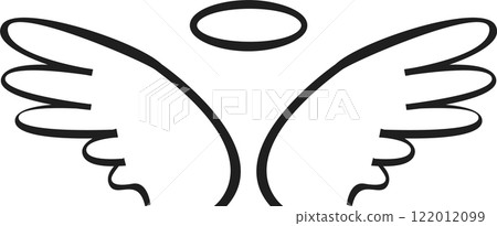 Simple and elegant portrayal of angel wings and a halo, symbolizing divine presence, embodying spirituality, hope, and innocence in a serene and minimalist design 122012099