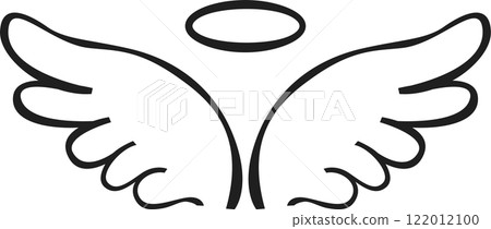Simple line drawing depicting angel wings and a halo, symbolizing spirituality, purity, and innocence while conveying a sense of divine presence and celestial grace Simple line drawing depicting angel wings and a halo, symbolizing spirituality, purity, and innocence while conveying a sense of divine presence and celestial grace 122012100