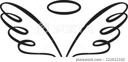 Stylized angel wings with halo hovering above, representing spirituality, hope, and divine presence, creating a symbolic image of grace and protection 122012102