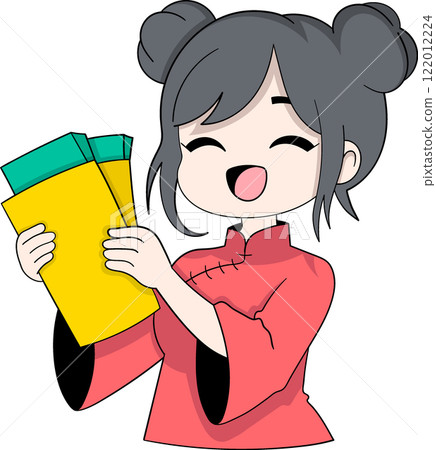 Cartoon Girl Celebrating Chinese New Year Holding Angpao Envelopes Cartoon Girl Celebrating Chinese New Year Holding Angpao Envelopes 122012224