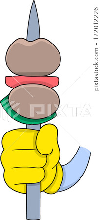 Cartoon Hand Holding Delicious Skewer with Vegetables and Meat Cartoon Hand Holding Delicious Skewer with Vegetables and Meat 122012226