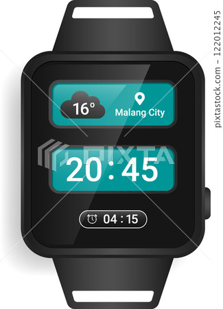 Modern Smartwatch Interface Displaying Time, Weather, and Location Details 122012245