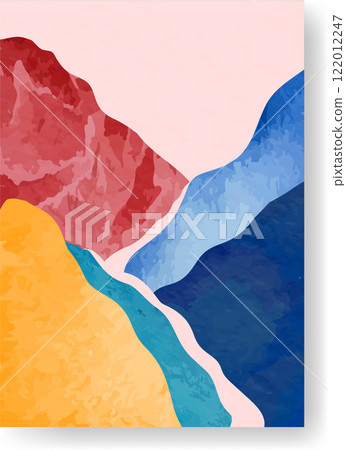 Abstract landscape painting featuring rolling hills and valleys in vibrant colors, creating a visually captivating and artistic representation of nature 122012247