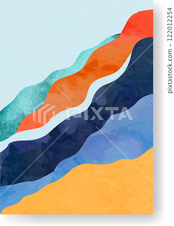 Abstract landscape painting with colorful wavy lines and textured watercolor effect, creating a modern and artistic representation of nature Abstract landscape painting with colorful wavy lines and textured watercolor effect, creating a modern and artistic representation of nature 122012254