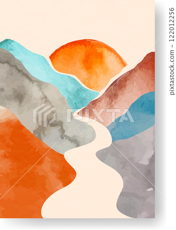 Abstract landscape painting depicting an orange sun rising over a range of colorful watercolor mountains with a creamy river flowing through, creating a serene and artistic scene Abstract landscape painting depicting an orange sun rising over a range of colorful watercolor mountains with a creamy river flowing through, creating a serene and artistic scene 122012256