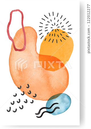 Modern abstract composition featuring organic shapes in orange and blue, black lines, and subtle watercolor textures creating a visually appealing and artistic design Modern abstract composition featuring organic shapes in orange and blue, black lines, and subtle watercolor textures creating a visually appealing and artistic design 122012277