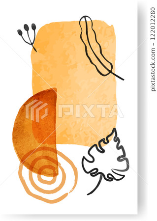 Orange watercolor washes blending with hand drawn botanical elements and geometric shapes create an engaging abstract composition, adding a contemporary touch to design projects 122012280