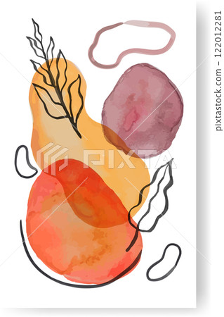 Orange, yellow and purple watercolor stains are blending with black lines in a modern and artistic composition, perfect for adding a touch of elegance and style to any design project 122012281