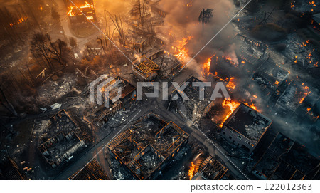 Aerial View Of Neighborhood In Ruins From Devastating Fire. Generative AI. 122012363