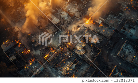 Aerial View Of Neighborhood In Ruins From Devastating Fire. Generative AI. 122012371