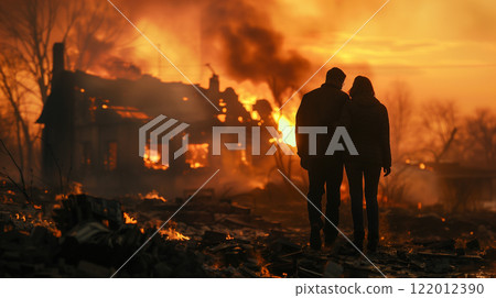 Couple Embracing Standing Stunned Gazing at the Fire Ruins of Their Home. Generative AI. Couple Embracing Standing Stunned Gazing at the Fire Ruins of Their Home. Generative AI. 122012390