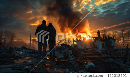 Couple Embracing Standing Stunned Gazing at the Fire Ruins of Their Home. Generative AI. 122012391