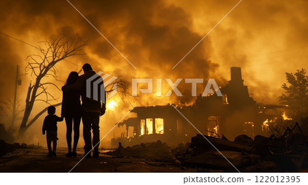 Young Family Standing Stunned Gazing at the Fire Ruins of Their Home. Generative AI. 122012395