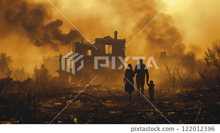 Young Family Standing Stunned Gazing at the Fire Ruins of Their Home. Generative AI. Young Family Standing Stunned Gazing at the Fire Ruins of Their Home. Generative AI. 122012396