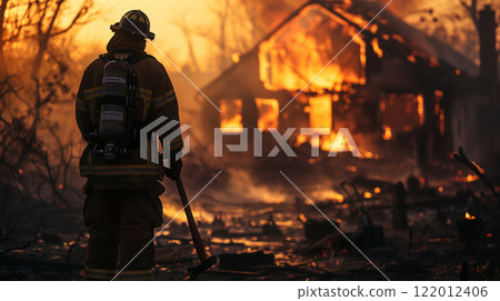 Frustrated Fire Fighter Standing Stunned In Front of Home In Ruins From Fire. Generative AI. 122012406