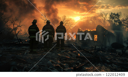 Frustrated Fire Fighters Standing Stunned In Front of Home In Ruins From Fire. Generative AI. Frustrated Fire Fighters Standing Stunned In Front of Home In Ruins From Fire. Generative AI. 122012409