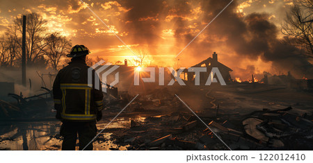Frustrated Fire Fighter Standing Stunned In Front of Home In Ruins From Fire. Generative AI. Frustrated Fire Fighter Standing Stunned In Front of Home In Ruins From Fire. Generative AI. 122012410