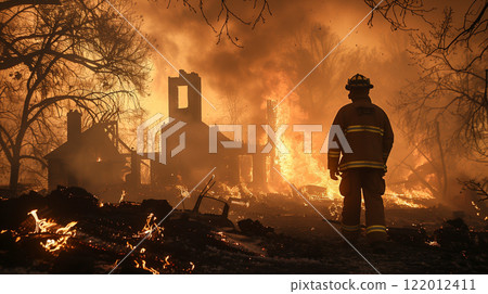 Frustrated Fire Fighter Standing Stunned In Front of Home In Ruins From Fire. Generative AI. 122012411