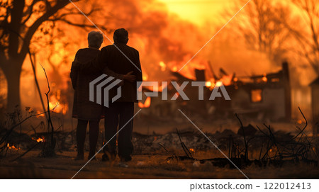 Elderly Couple Embracing Standing Stunned Gazing at the Fire Ruins of Their Home. Generative AI. 122012413
