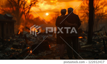 Elderly Couple Embracing Standing Stunned Gazing at the Fire Ruins of Their Home. Generative AI. Elderly Couple Embracing Standing Stunned Gazing at the Fire Ruins of Their Home. Generative AI. 122012417