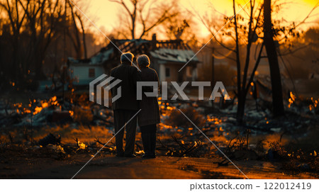 Elderly Couple Embracing Standing Stunned Gazing at the Fire Ruins of Their Home. Generative AI. 122012419