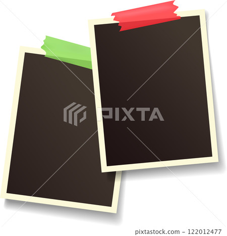 Two blank retro style instant photos with colorful adhesive tape are creating a vintage mood on a clean white background, perfect for showcasing memories or designs Two blank retro style instant photos with colorful adhesive tape are creating a vintage mood on a clean white background, perfect for showcasing memories or designs 122012477