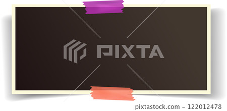 Horizontal instant photo frame featuring two vibrant adhesive tapes securing it against a clean white background, creating a striking and minimalistic visual appeal Horizontal instant photo frame featuring two vibrant adhesive tapes securing it against a clean white background, creating a striking and minimalistic visual appeal 122012478
